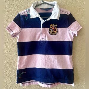 Ralph Lauren Girls Striped Cotton Short-Sleeve Rugby Shirt- Pink and Navy ( 6)